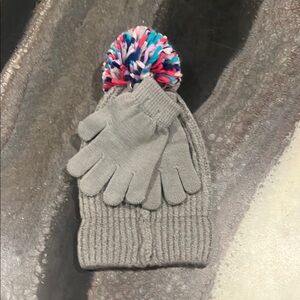 Gray Kids' Knit Hat and Gloves Set with Multicolor Pom-Pom